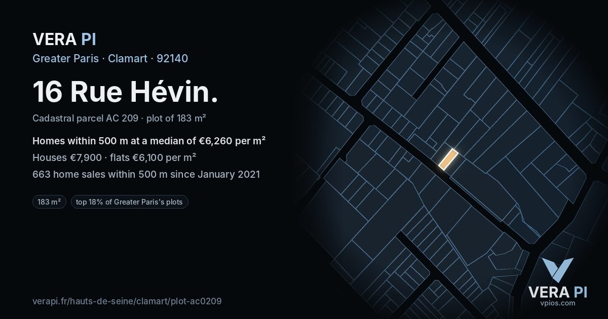 16 Rue Hévin, Clamart at night – the plot lit, the parcels around coloured by the prices near them