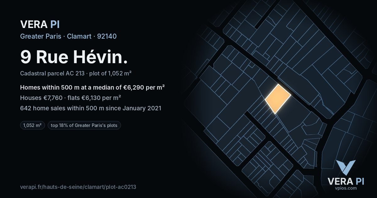 9 Rue Hévin, Clamart at night – the plot lit, the parcels around coloured by the prices near them