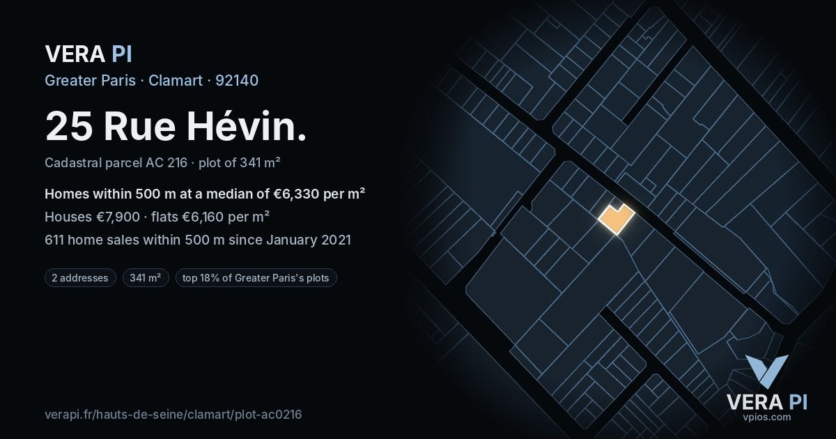 25 Rue Hévin, Clamart at night – the plot lit, the parcels around coloured by the prices near them