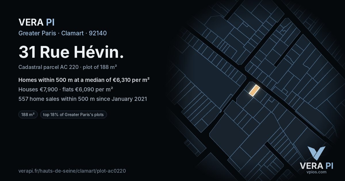 31 Rue Hévin, Clamart at night – the plot lit, the parcels around coloured by the prices near them