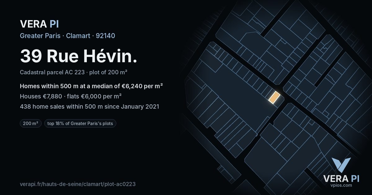 39 Rue Hévin, Clamart at night – the plot lit, the parcels around coloured by the prices near them
