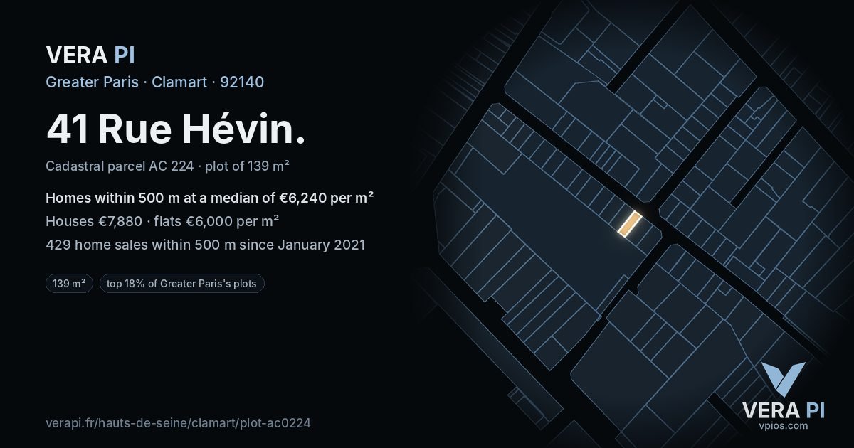 41 Rue Hévin, Clamart at night – the plot lit, the parcels around coloured by the prices near them