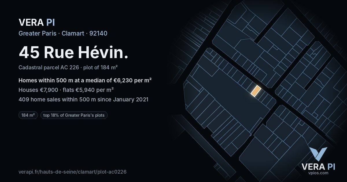 45 Rue Hévin, Clamart at night – the plot lit, the parcels around coloured by the prices near them