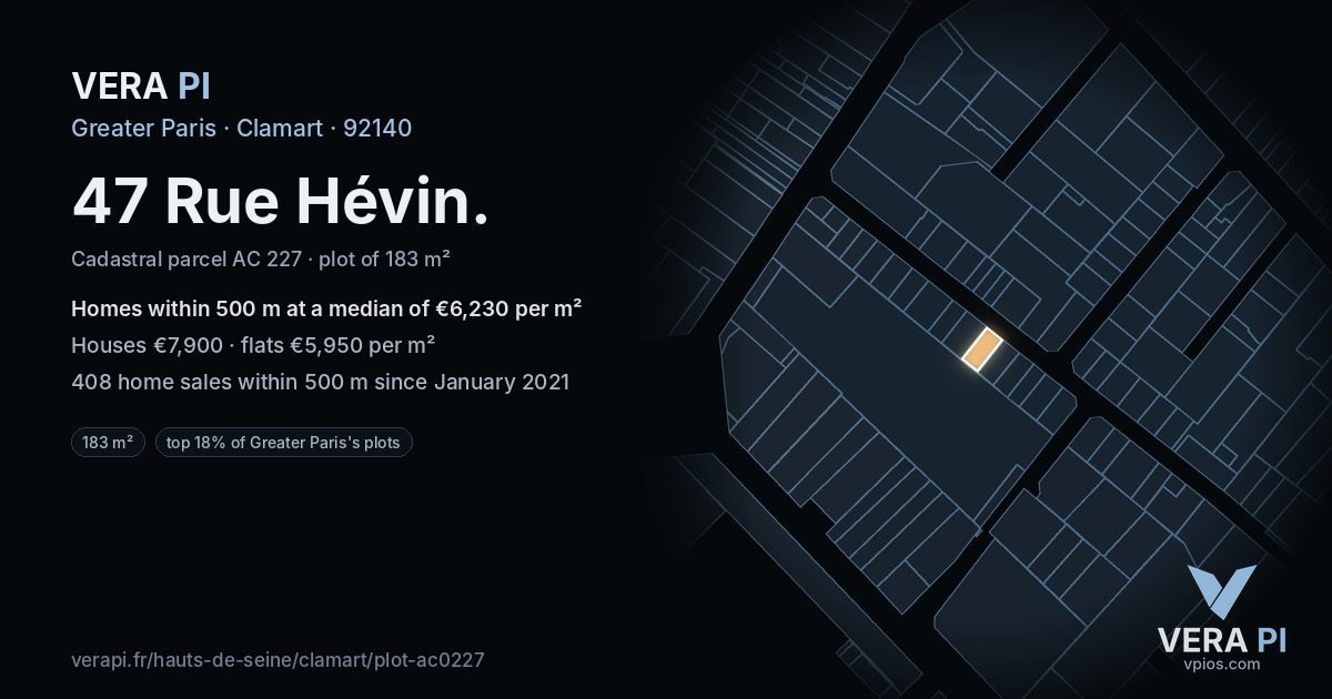 47 Rue Hévin, Clamart at night – the plot lit, the parcels around coloured by the prices near them