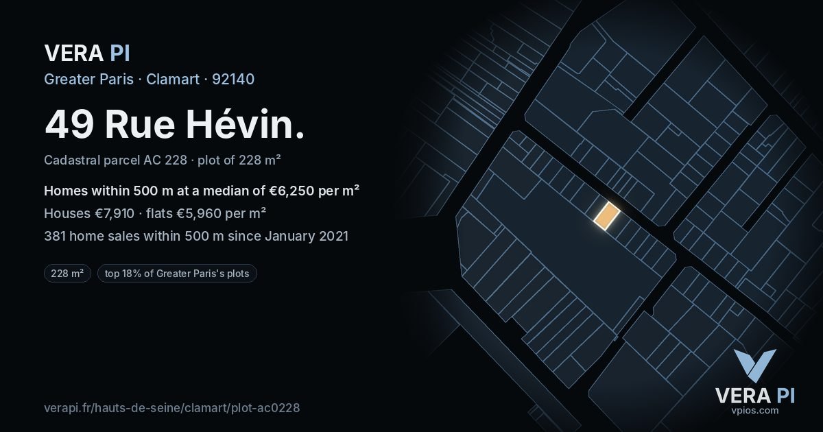49 Rue Hévin, Clamart at night – the plot lit, the parcels around coloured by the prices near them