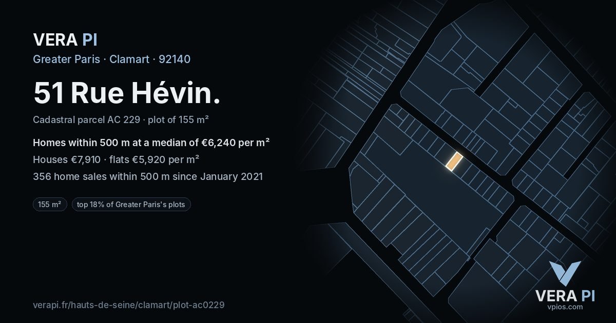 51 Rue Hévin, Clamart at night – the plot lit, the parcels around coloured by the prices near them