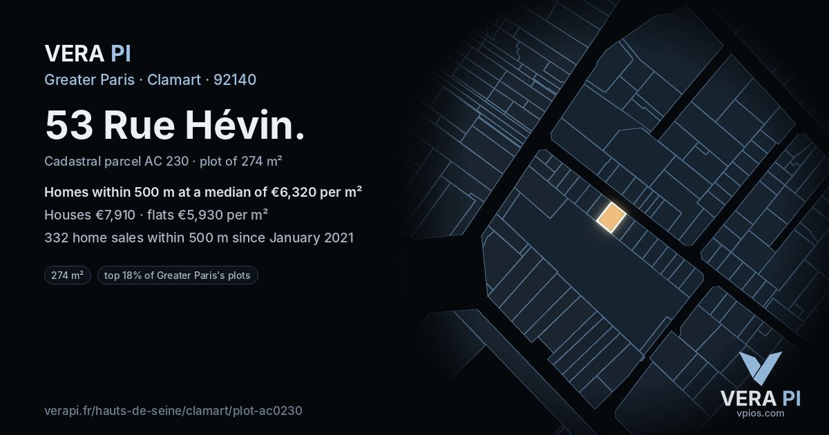 53 Rue Hévin, Clamart at night – the plot lit, the parcels around coloured by the prices near them