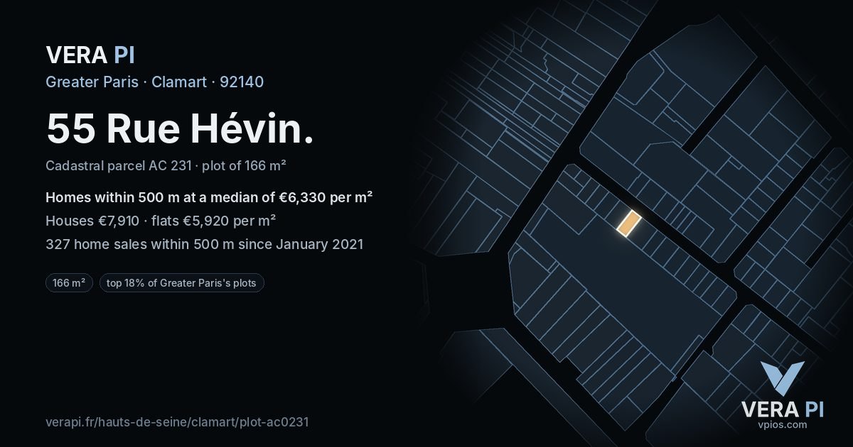 55 Rue Hévin, Clamart at night – the plot lit, the parcels around coloured by the prices near them