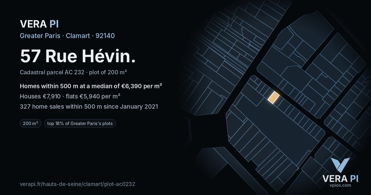 57 Rue Hévin, Clamart at night – the plot lit, the parcels around coloured by the prices near them
