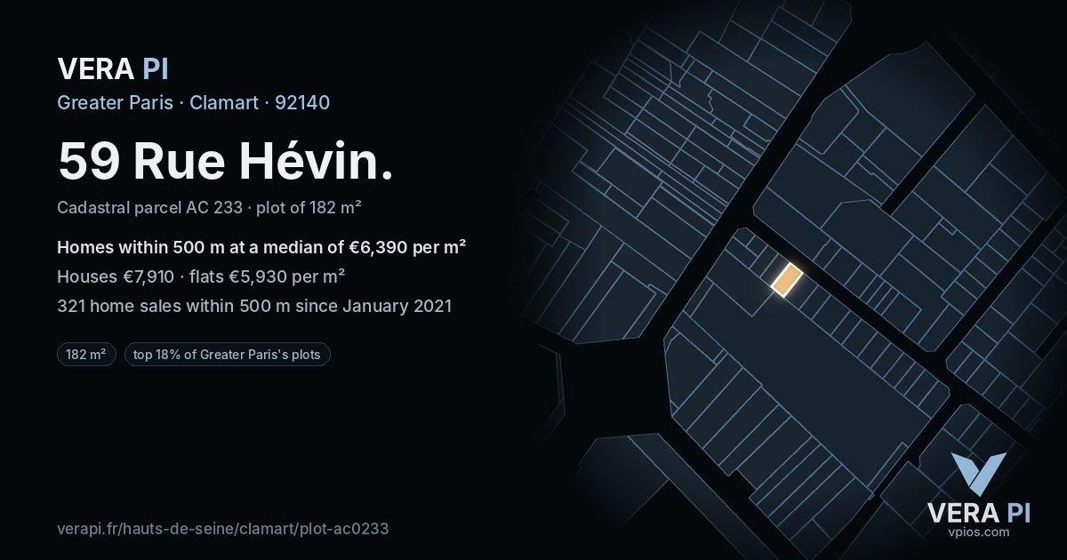 59 Rue Hévin, Clamart at night – the plot lit, the parcels around coloured by the prices near them
