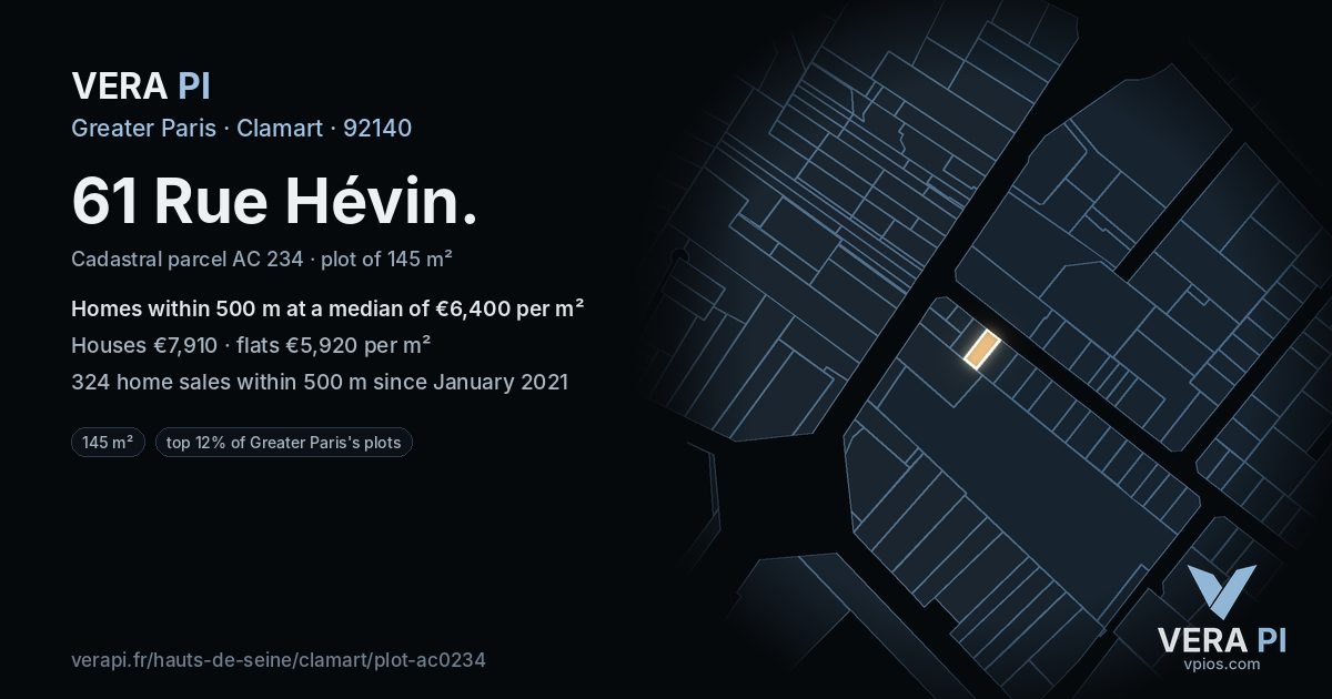 61 Rue Hévin, Clamart at night – the plot lit, the parcels around coloured by the prices near them