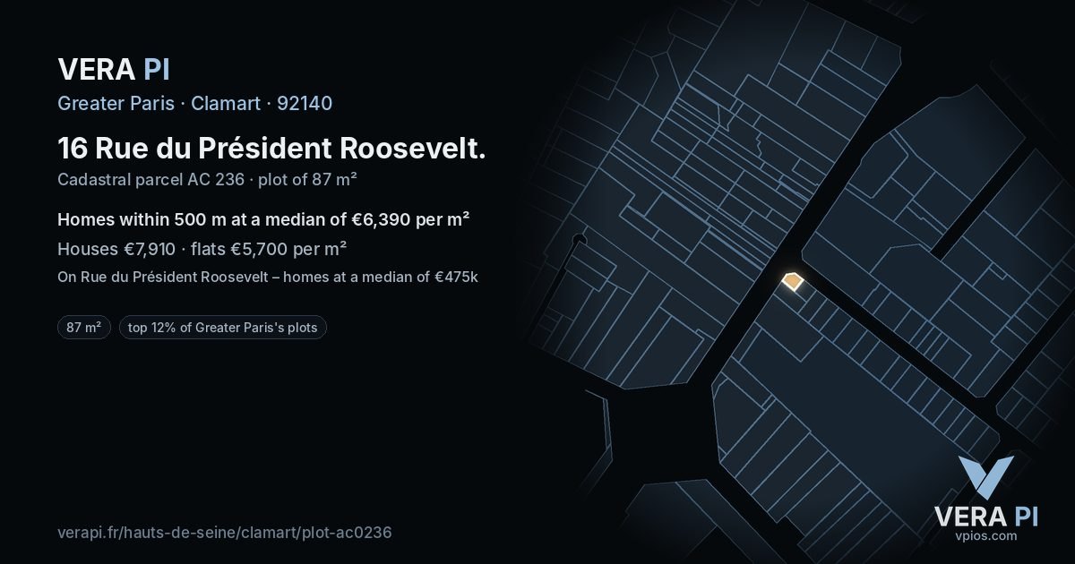 16 Rue du Président Roosevelt, Clamart at night – the plot lit, the parcels around coloured by the prices near them