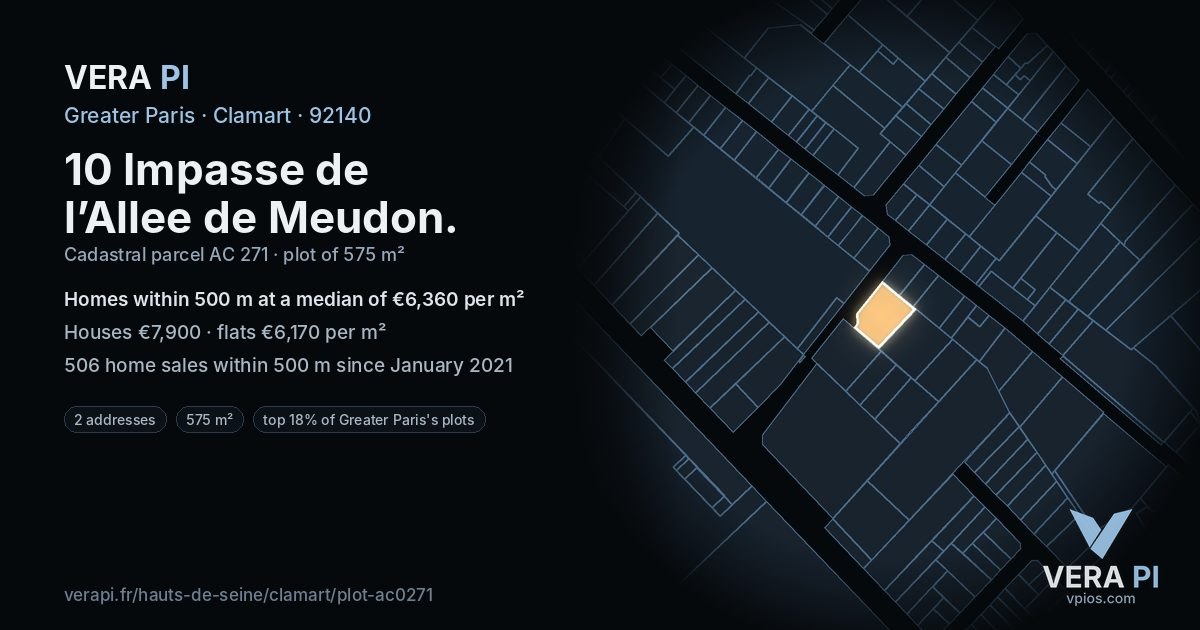 10 Impasse de l’Allee de Meudon, Clamart at night – the plot lit, the parcels around coloured by the prices near them