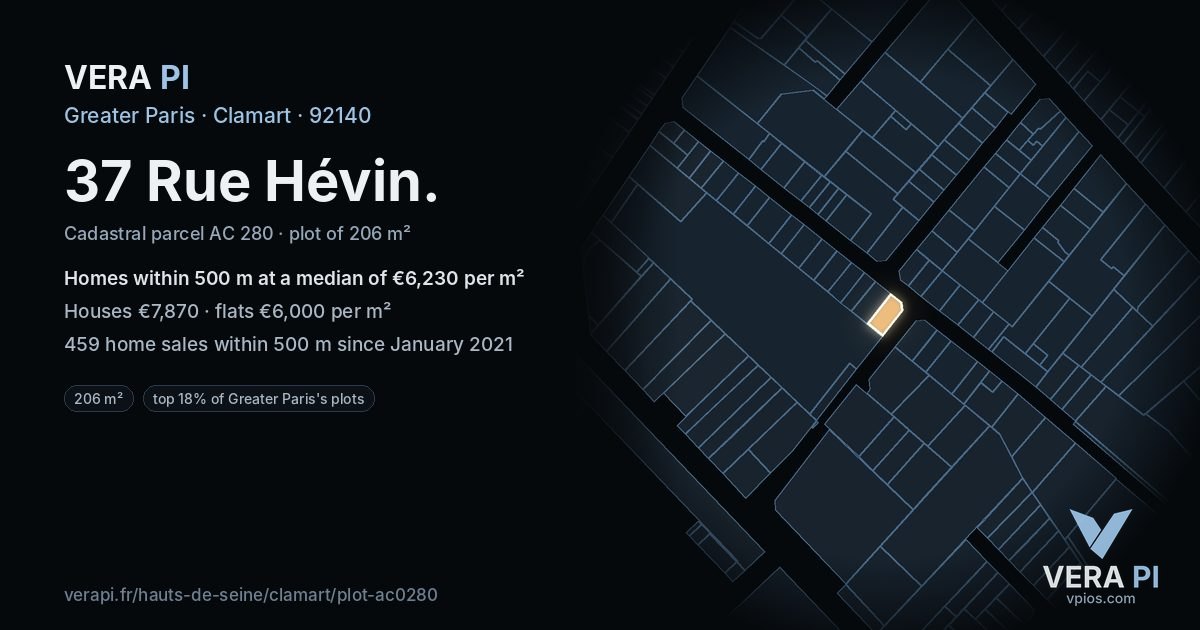 37 Rue Hévin, Clamart at night – the plot lit, the parcels around coloured by the prices near them