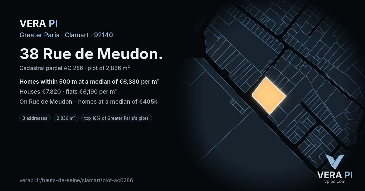 38 Rue de Meudon, Clamart at night – the plot lit, the parcels around coloured by the prices near them