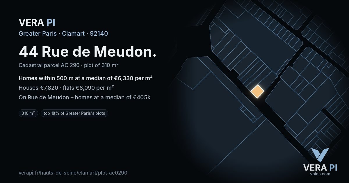 44 Rue de Meudon, Clamart at night – the plot lit, the parcels around coloured by the prices near them
