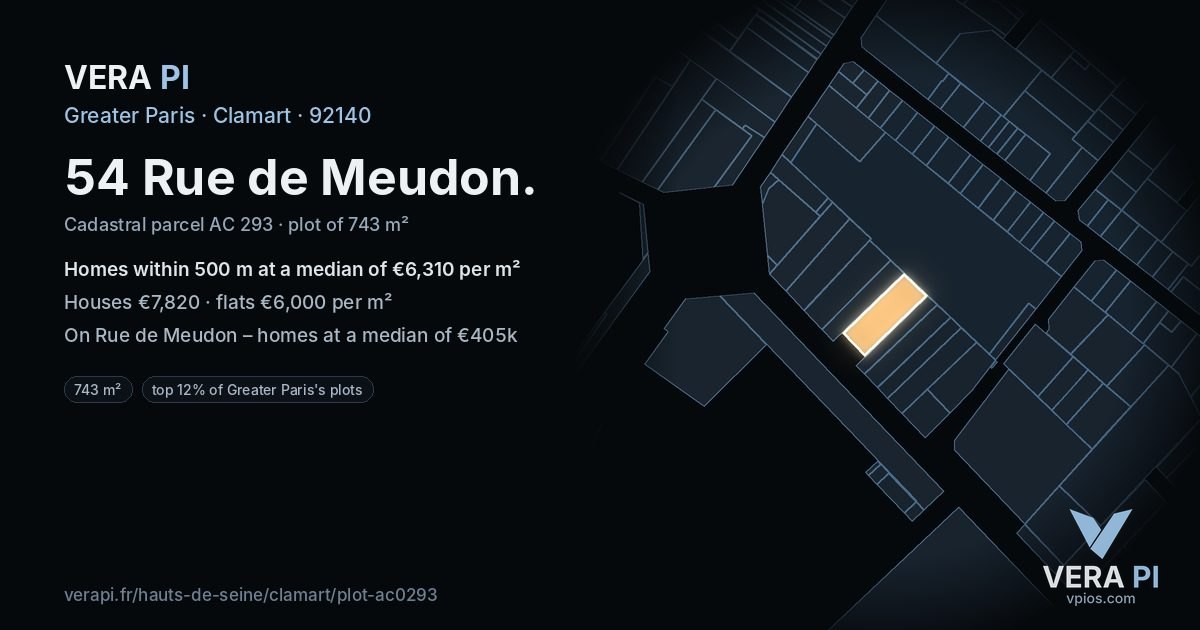 54 Rue de Meudon, Clamart at night – the plot lit, the parcels around coloured by the prices near them
