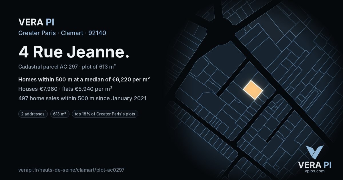 4 Rue Jeanne, Clamart at night – the plot lit, the parcels around coloured by the prices near them