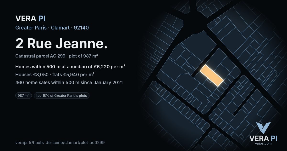 2 Rue Jeanne, Clamart at night – the plot lit, the parcels around coloured by the prices near them