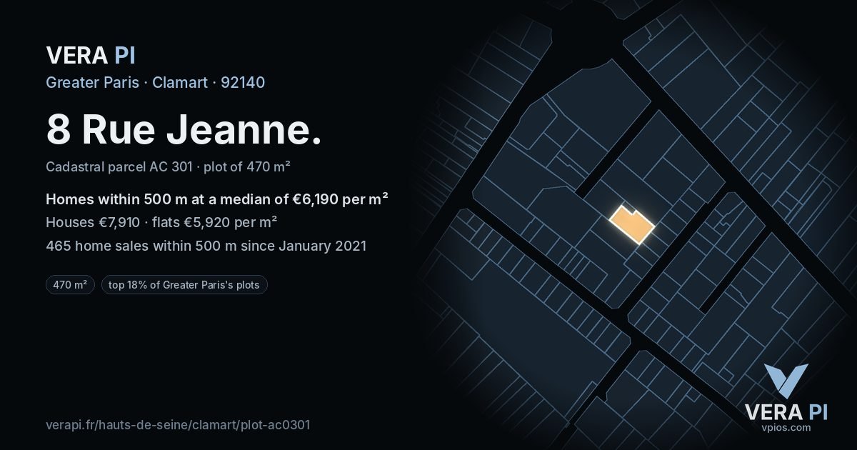 8 Rue Jeanne, Clamart at night – the plot lit, the parcels around coloured by the prices near them