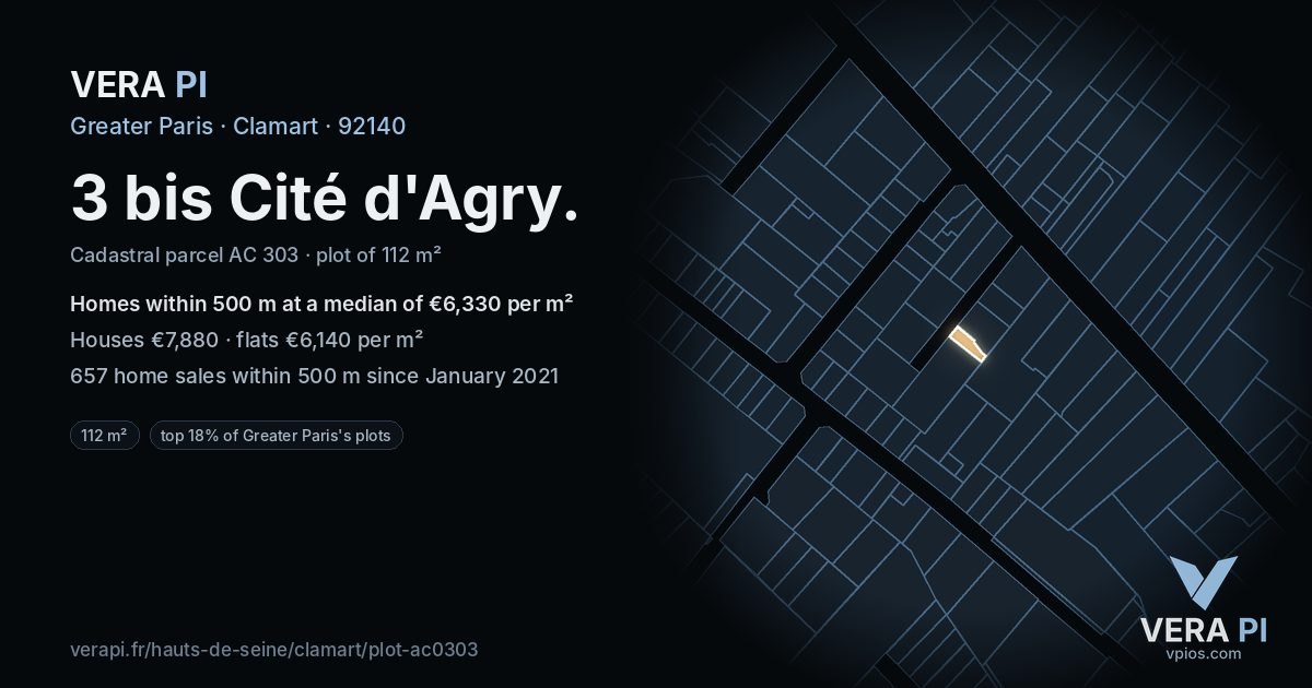 3 bis Cité d'Agry, Clamart at night – the plot lit, the parcels around coloured by the prices near them