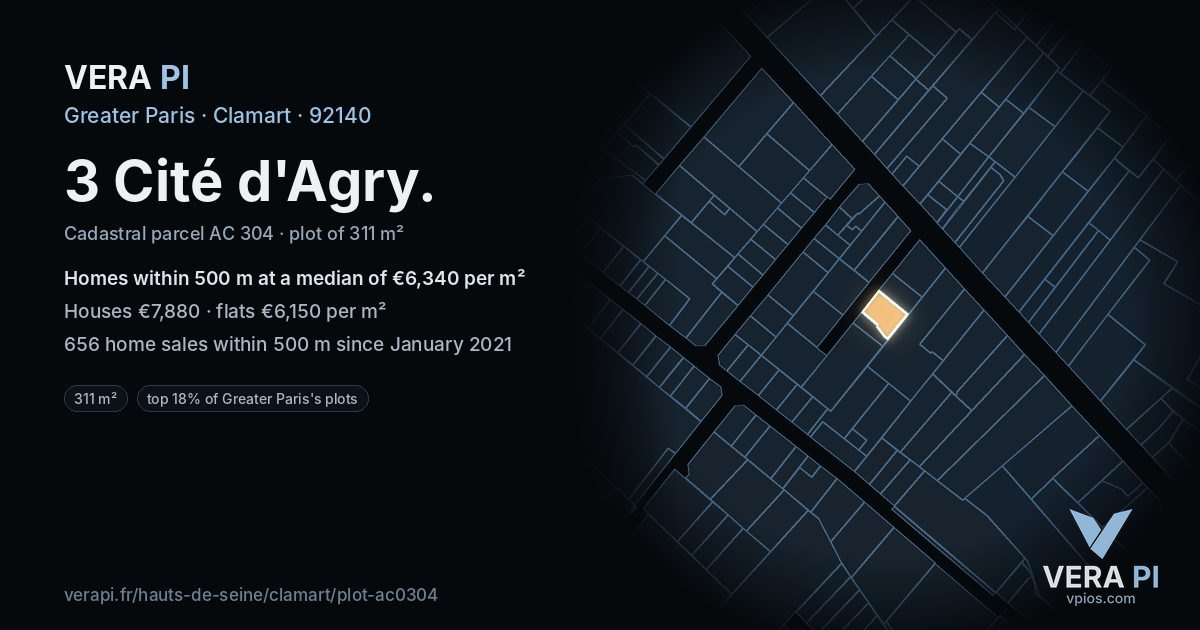 3 Cité d'Agry, Clamart at night – the plot lit, the parcels around coloured by the prices near them