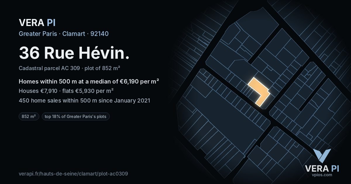 36 Rue Hévin, Clamart at night – the plot lit, the parcels around coloured by the prices near them
