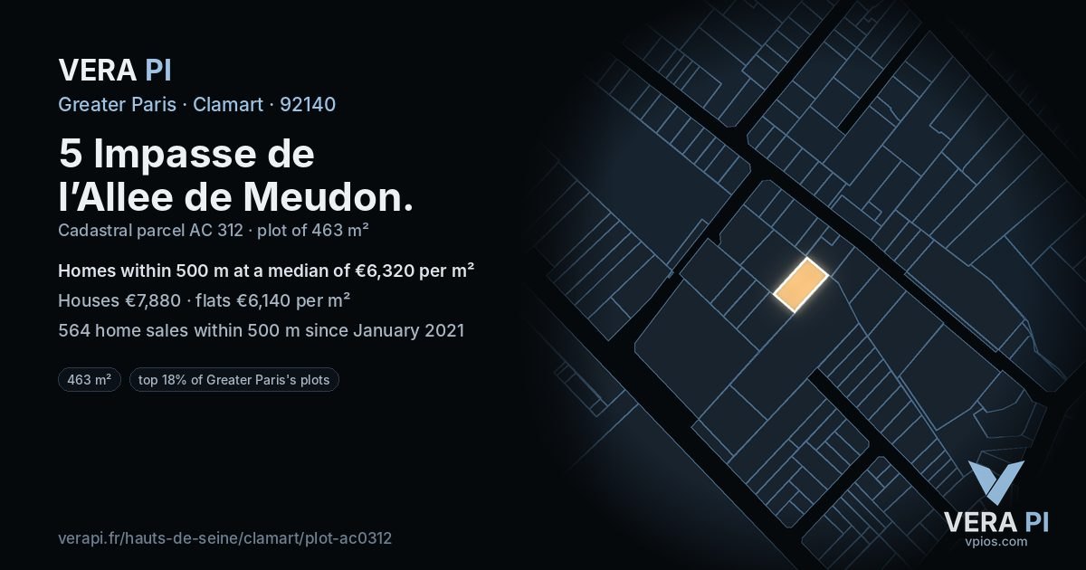 5 Impasse de l’Allee de Meudon, Clamart at night – the plot lit, the parcels around coloured by the prices near them