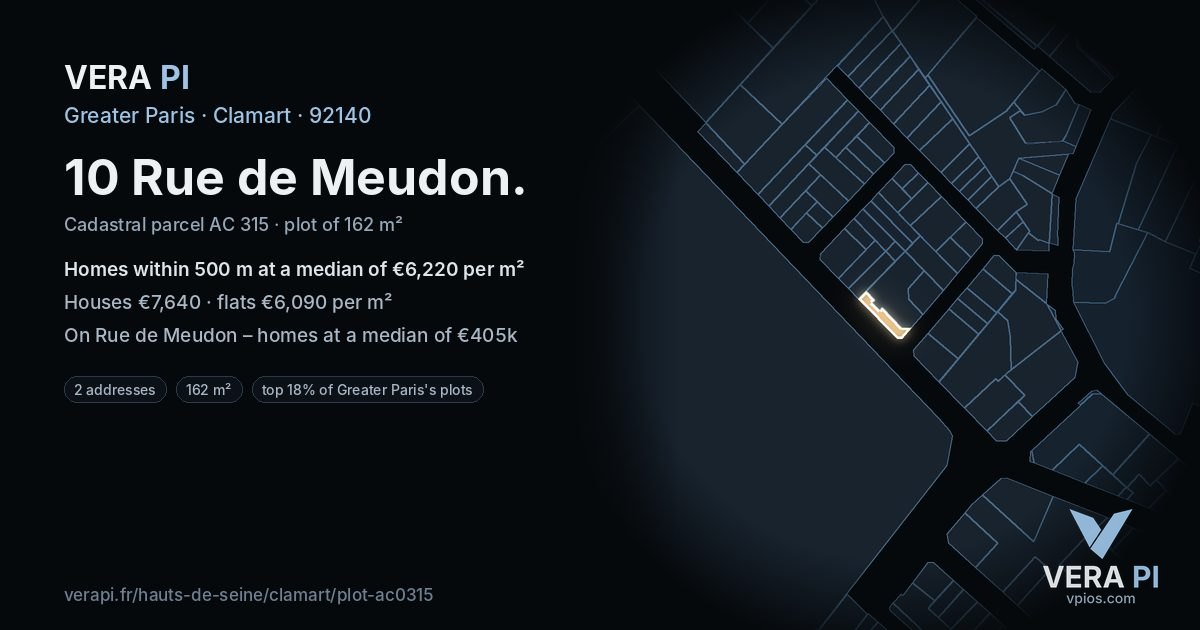 10 Rue de Meudon, Clamart at night – the plot lit, the parcels around coloured by the prices near them