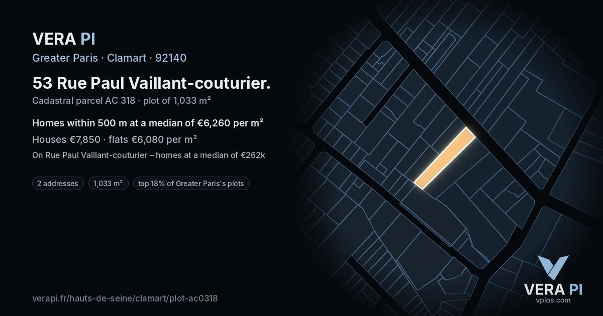 53 Rue Paul Vaillant-couturier, Clamart at night – the plot lit, the parcels around coloured by the prices near them