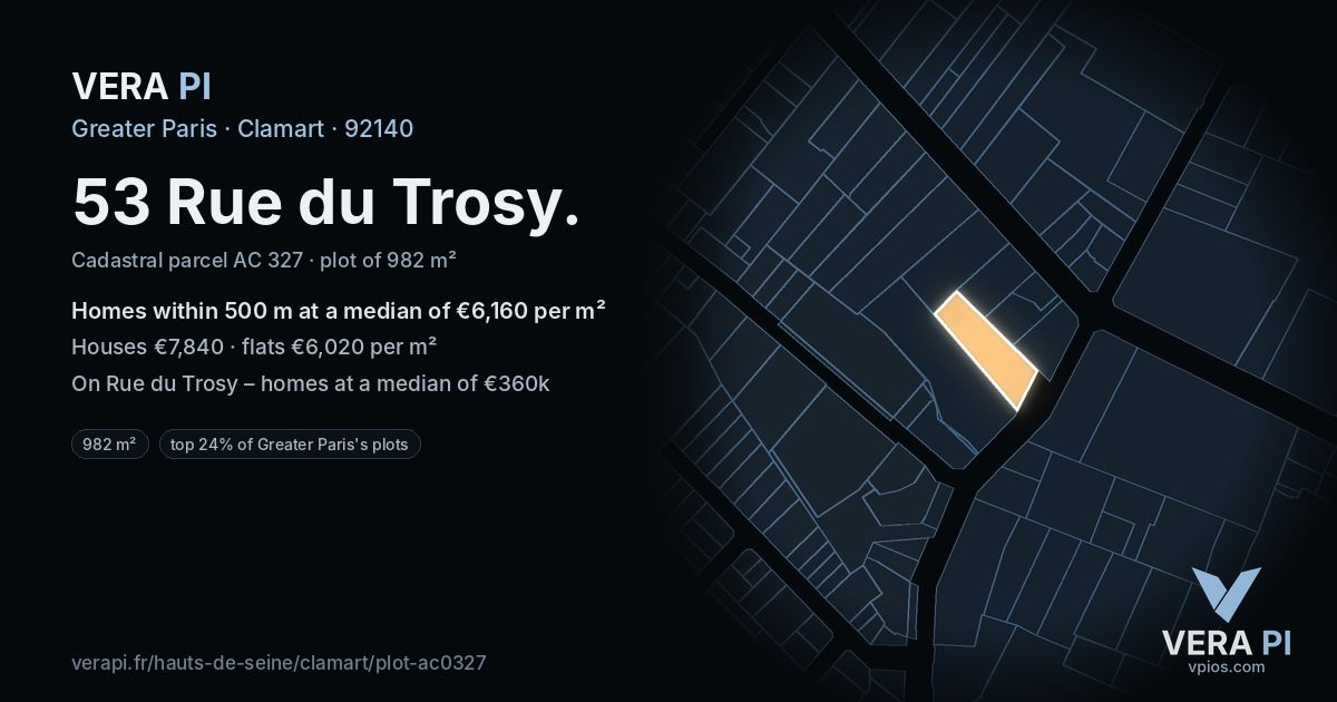 53 Rue du Trosy, Clamart at night – the plot lit, the parcels around coloured by the prices near them