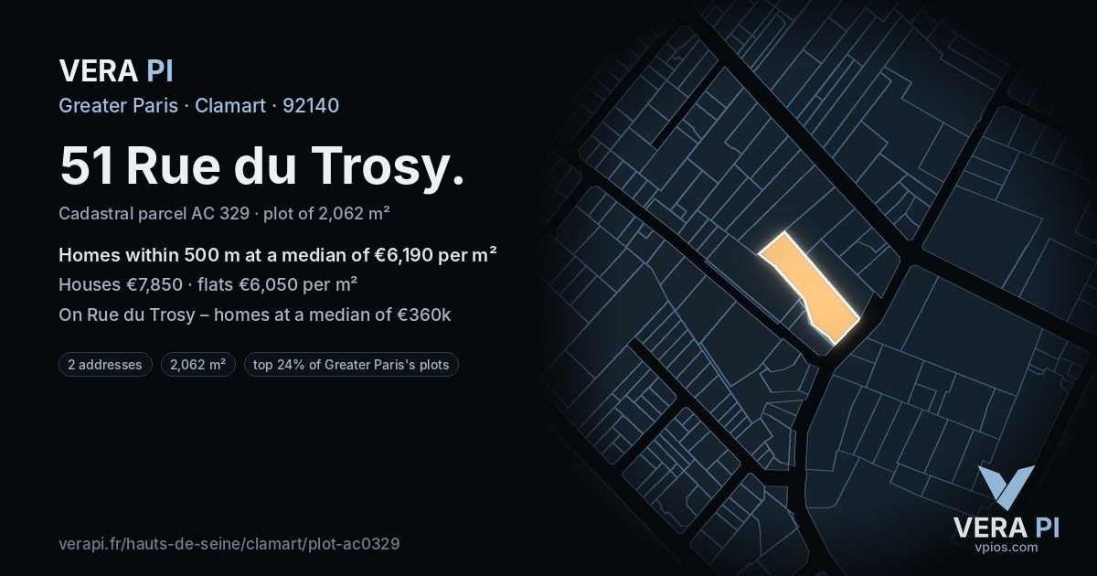 51 Rue du Trosy, Clamart at night – the plot lit, the parcels around coloured by the prices near them