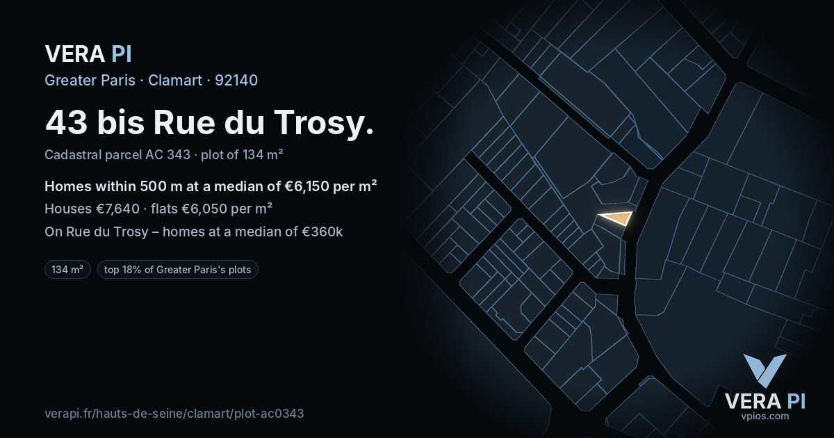 43 bis Rue du Trosy, Clamart at night – the plot lit, the parcels around coloured by the prices near them