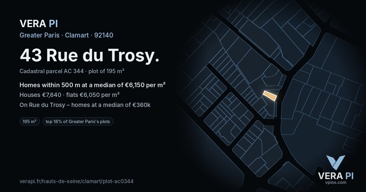 43 Rue du Trosy, Clamart at night – the plot lit, the parcels around coloured by the prices near them