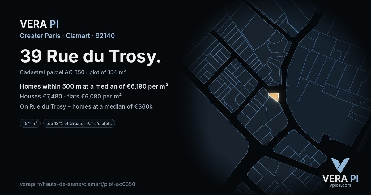 39 Rue du Trosy, Clamart at night – the plot lit, the parcels around coloured by the prices near them