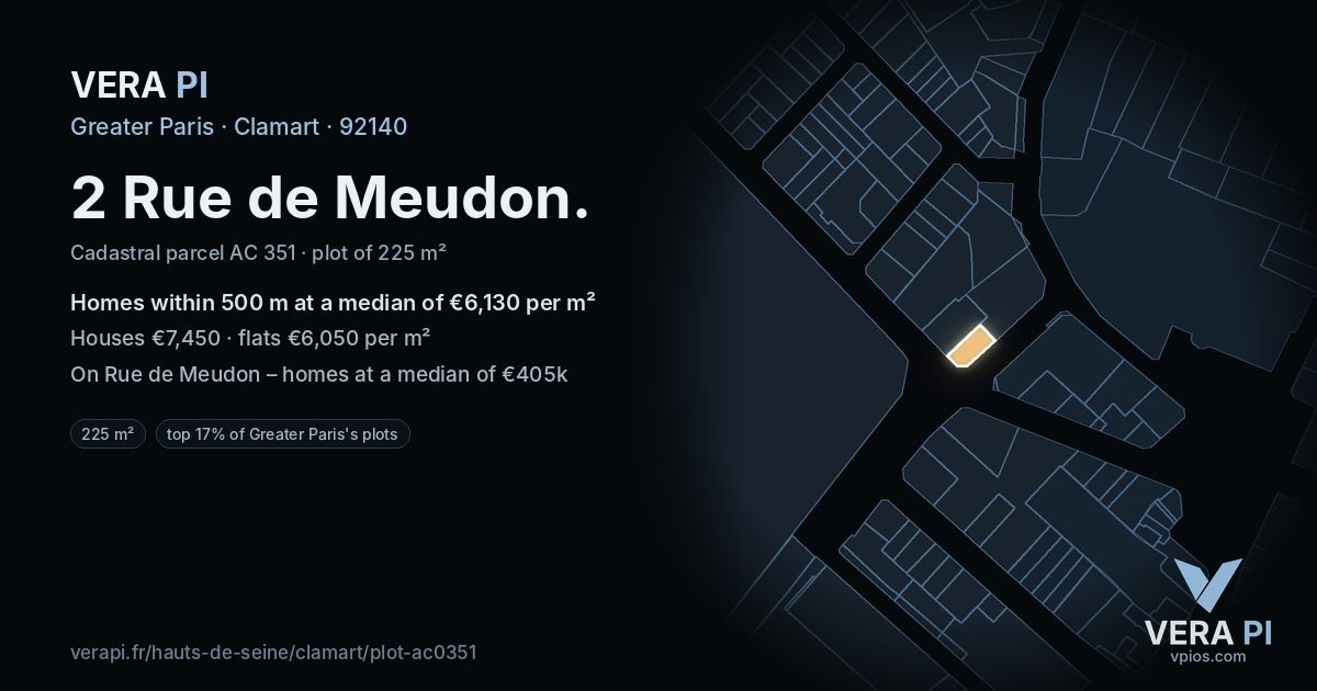 2 Rue de Meudon, Clamart at night – the plot lit, the parcels around coloured by the prices near them
