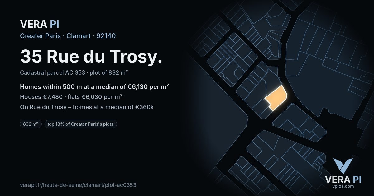 35 Rue du Trosy, Clamart at night – the plot lit, the parcels around coloured by the prices near them