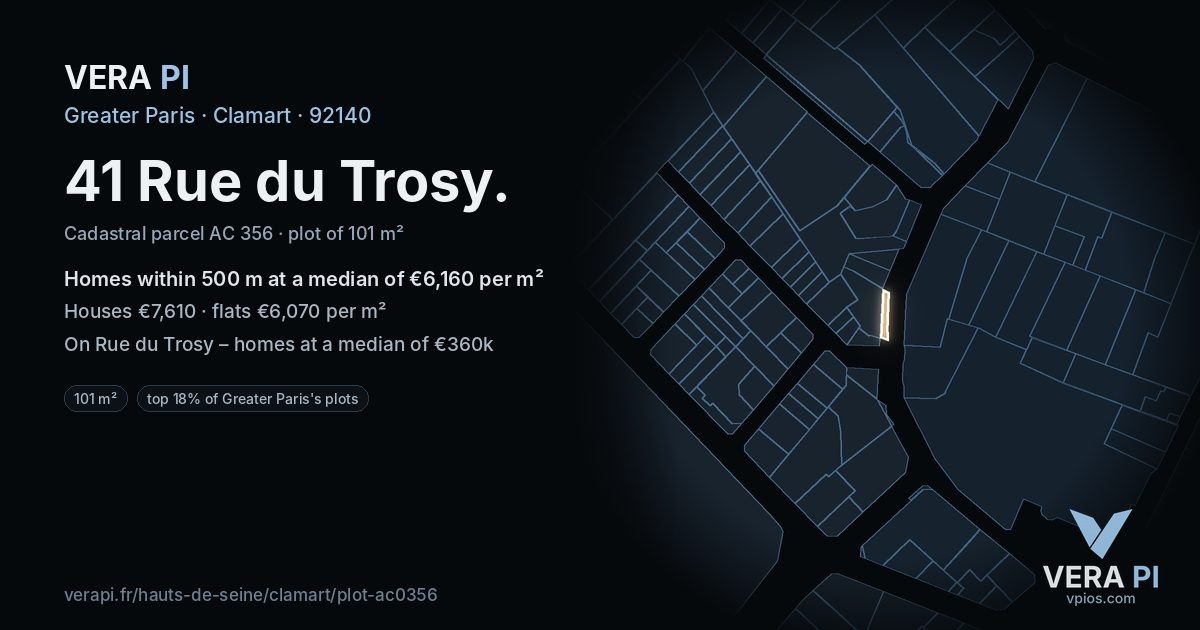 41 Rue du Trosy, Clamart at night – the plot lit, the parcels around coloured by the prices near them