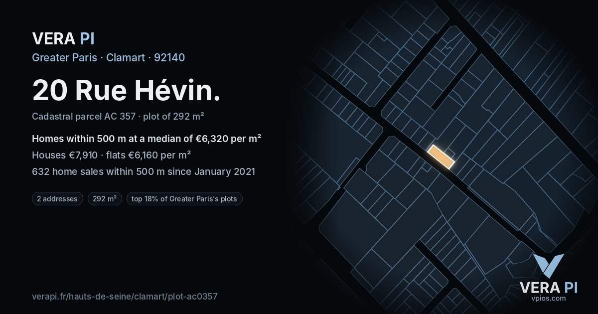20 Rue Hévin, Clamart at night – the plot lit, the parcels around coloured by the prices near them