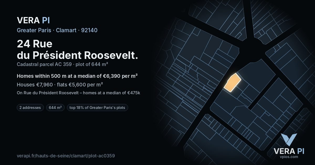 24 Rue du Président Roosevelt, Clamart at night – the plot lit, the parcels around coloured by the prices near them
