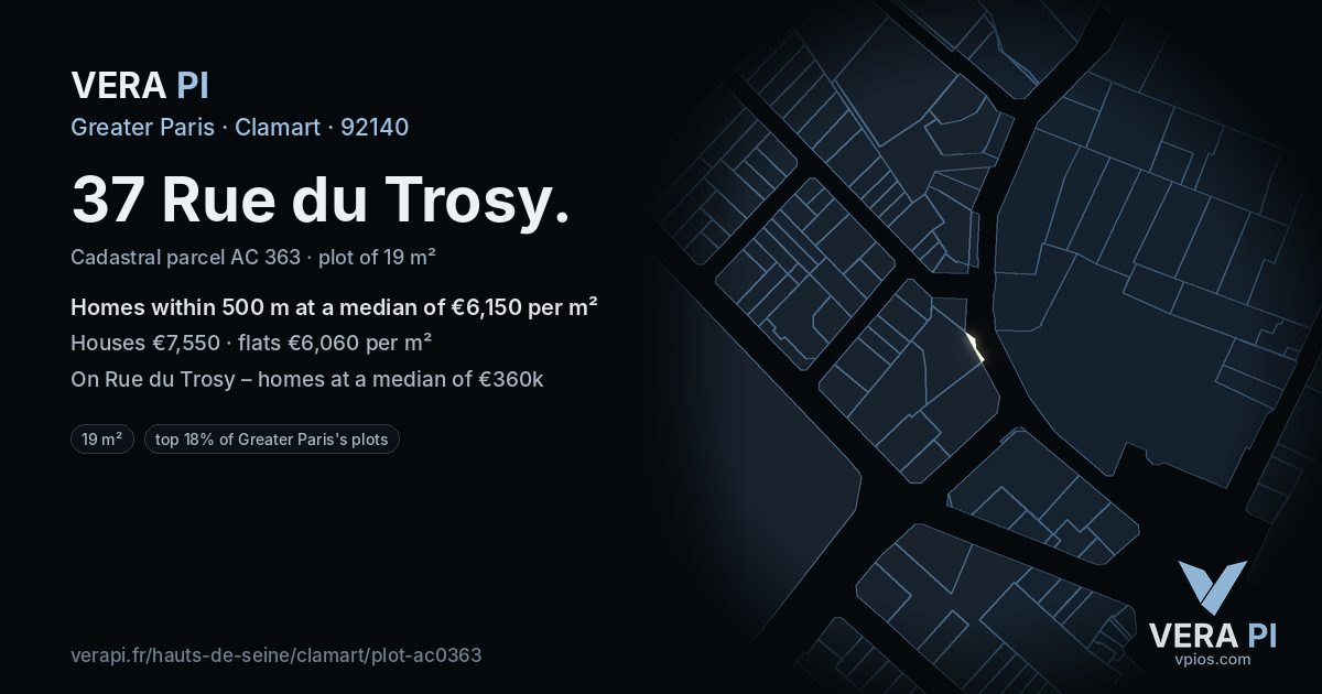 37 Rue du Trosy, Clamart at night – the plot lit, the parcels around coloured by the prices near them