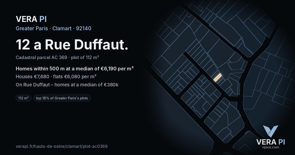 12 a Rue Duffaut, Clamart at night – the plot lit, the parcels around coloured by the prices near them