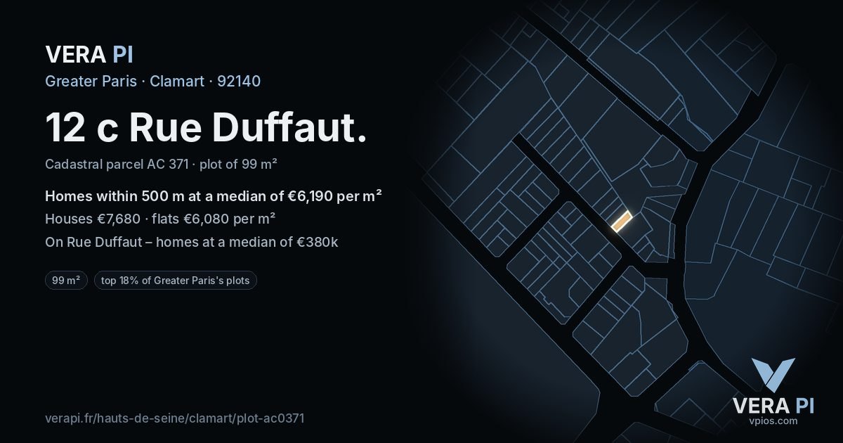12 c Rue Duffaut, Clamart at night – the plot lit, the parcels around coloured by the prices near them