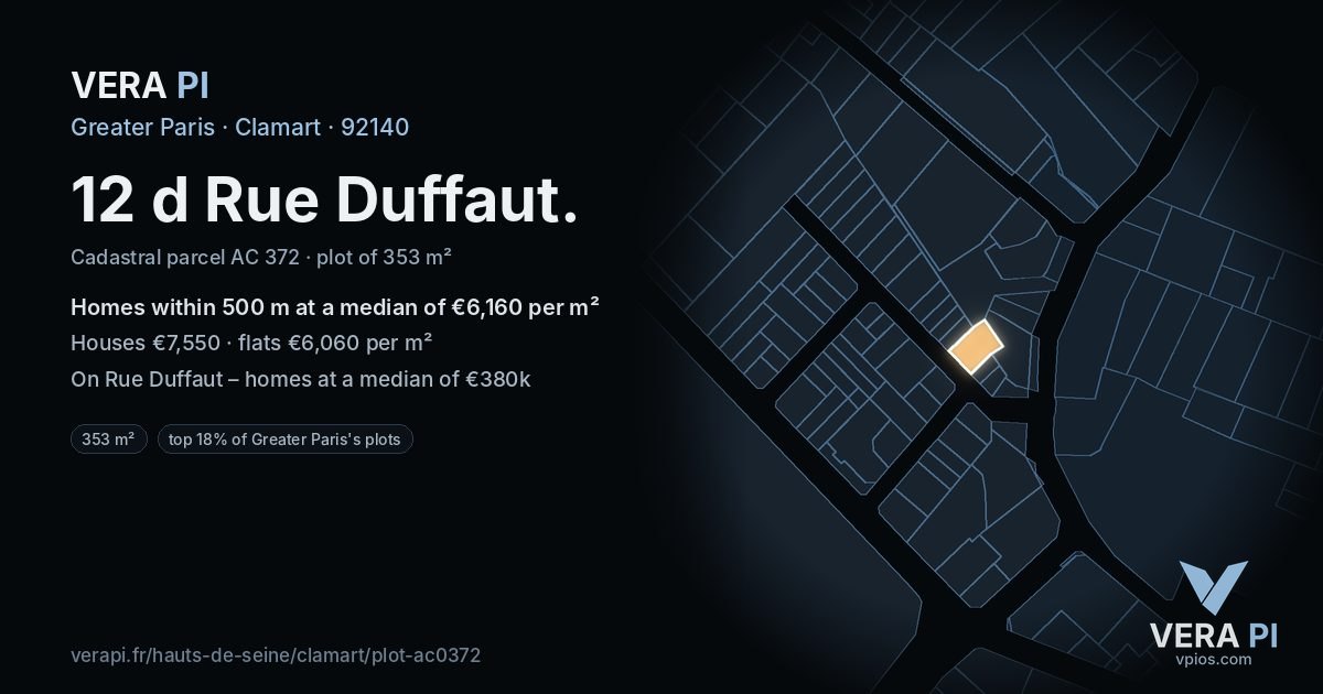 12 d Rue Duffaut, Clamart at night – the plot lit, the parcels around coloured by the prices near them
