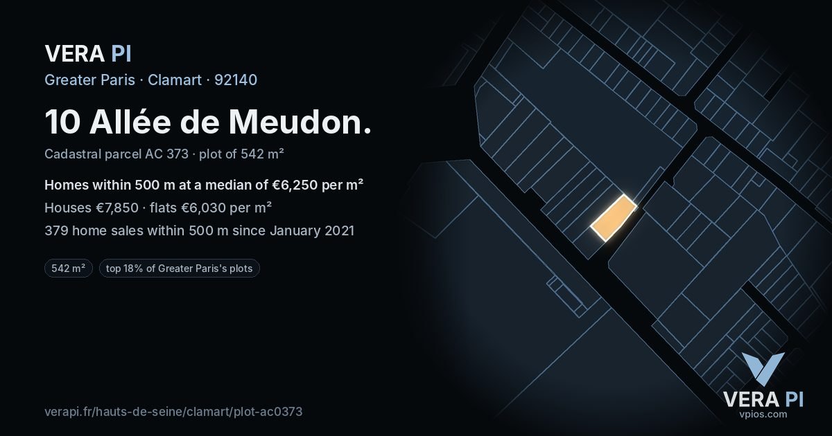 10 Allée de Meudon, Clamart at night – the plot lit, the parcels around coloured by the prices near them