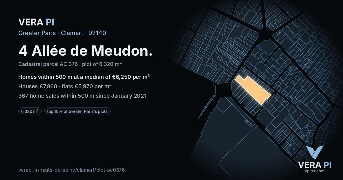 4 Allée de Meudon, Clamart at night – the plot lit, the parcels around coloured by the prices near them