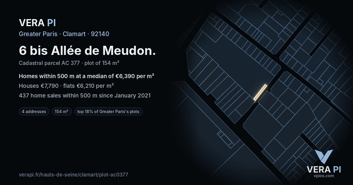 6 bis Allée de Meudon, Clamart at night – the plot lit, the parcels around coloured by the prices near them
