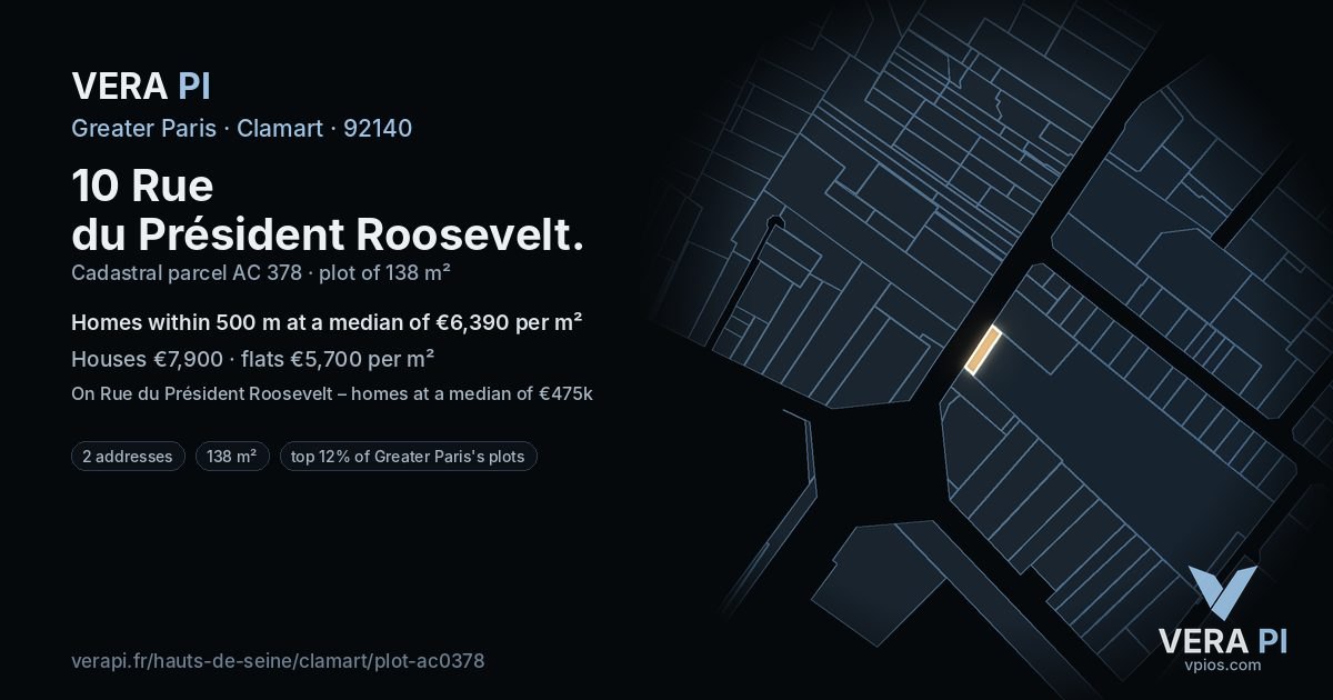 10 Rue du Président Roosevelt, Clamart at night – the plot lit, the parcels around coloured by the prices near them