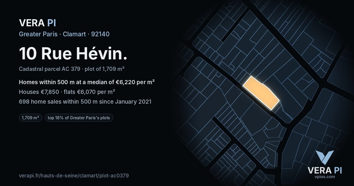 10 Rue Hévin, Clamart at night – the plot lit, the parcels around coloured by the prices near them