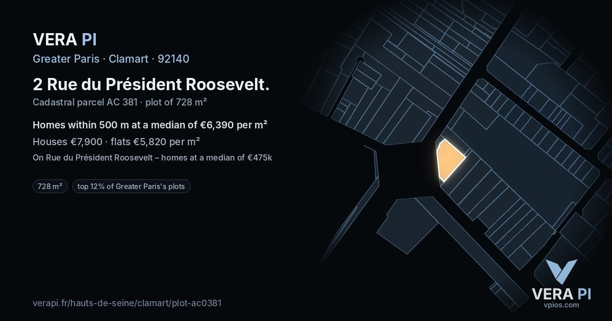 2 Rue du Président Roosevelt, Clamart at night – the plot lit, the parcels around coloured by the prices near them